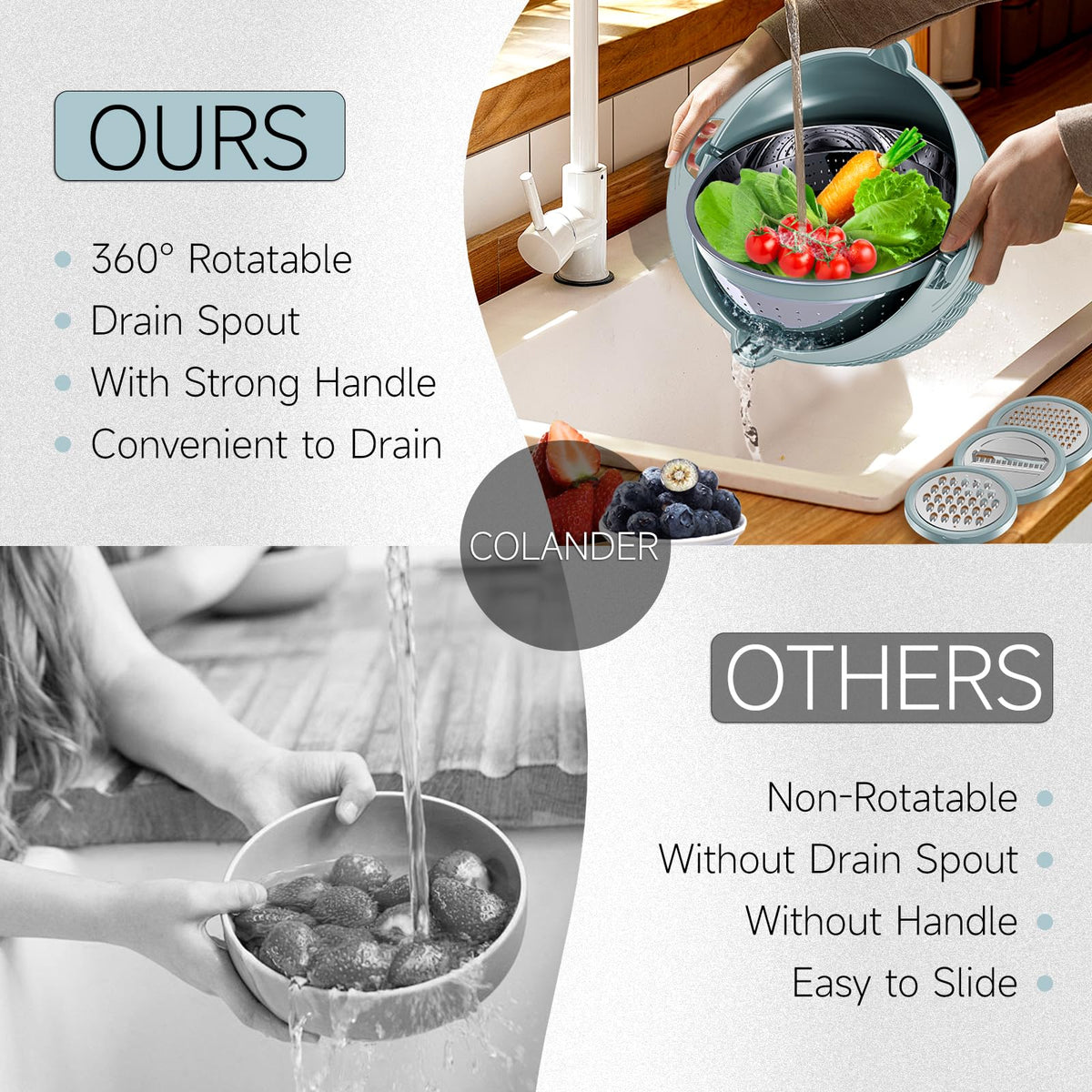 Over the Sink Colander - Strainers and Colanders - Sink Strainer Basket - Expandable Fine Mesh Strainer with Rubber Grip for Veggie, Fruits, Pasta, Home Kitchen Essentials (9.5W x 13.4-21.3L x 3.3H)