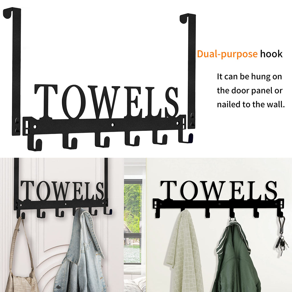 Kuhome Over The Door Hooks, Towel Holder for Bathroom, Door Mount Towel Rack Towel Hooks for Bedroom Beach Towels Bathrobe Wall Mount Hang on The Door Cabinet Cupboard Metal Sandblasted (Black)