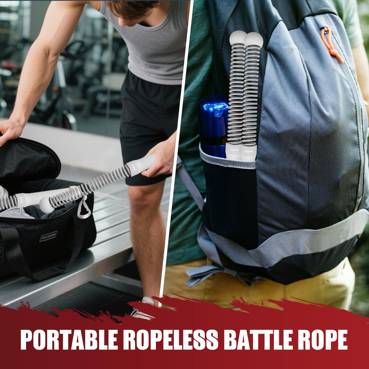 Cordless Battle Rope for Home Gym, Heavy Duty Portable with Poster