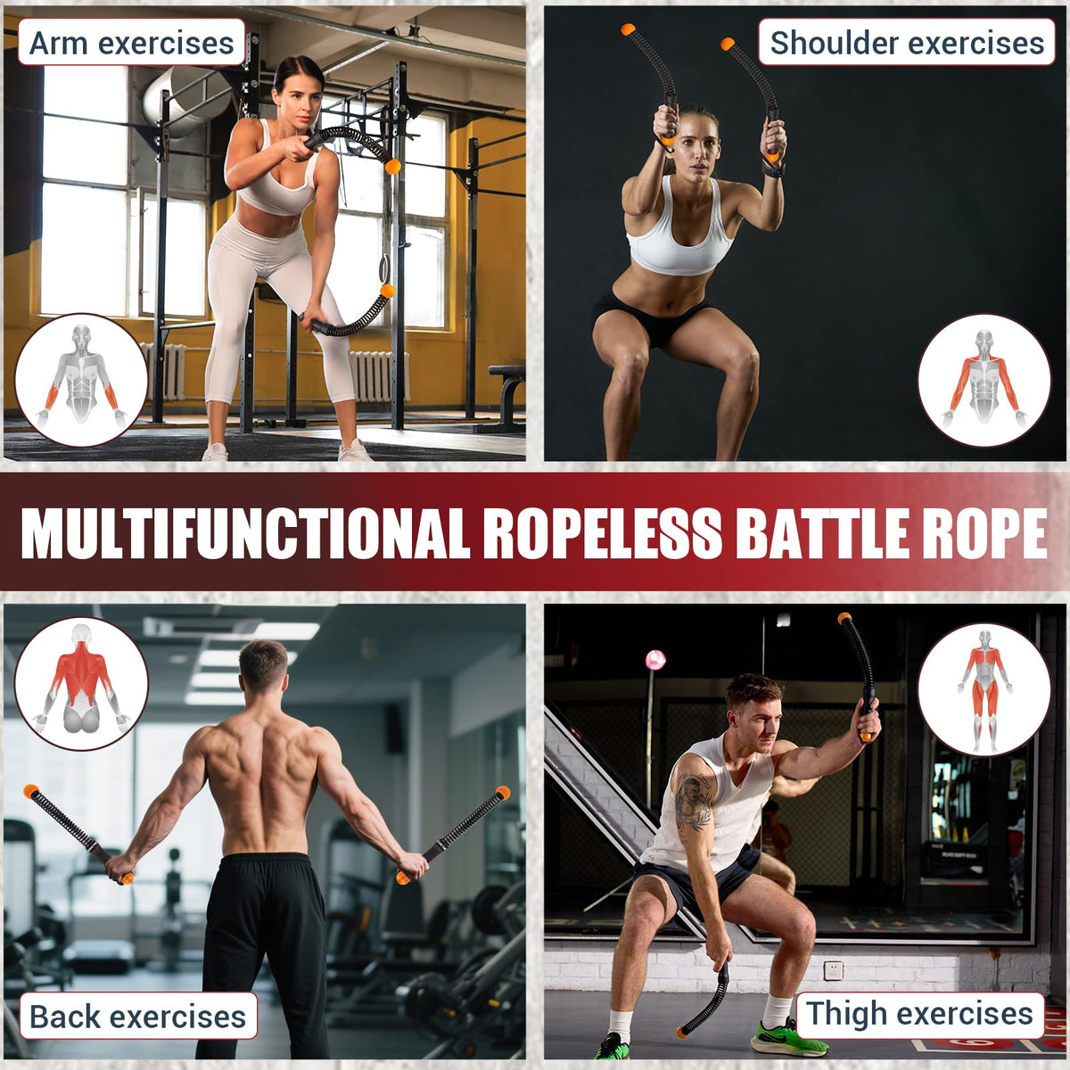 Cordless Battle Rope for Home Gym, Heavy Duty Portable with Poster