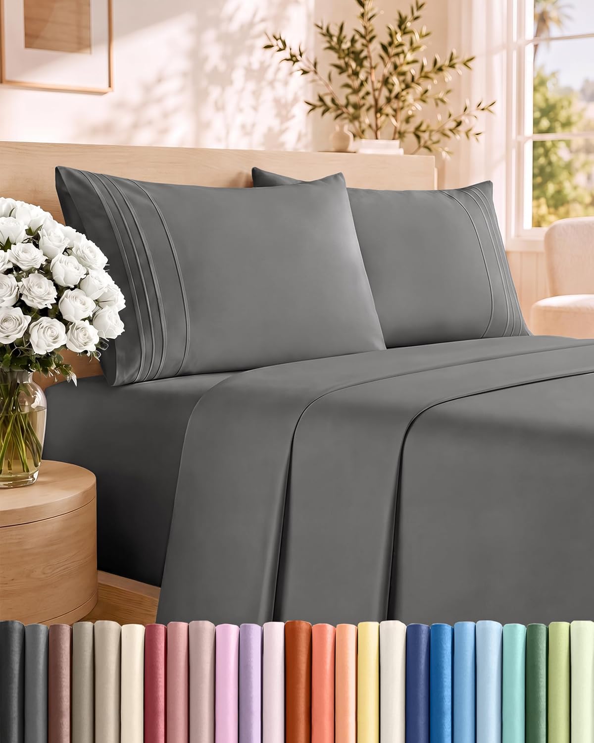 Short Queen Size 4 Piece Bed Sheet Set - RV Short Queen Sheets - Dark Grey