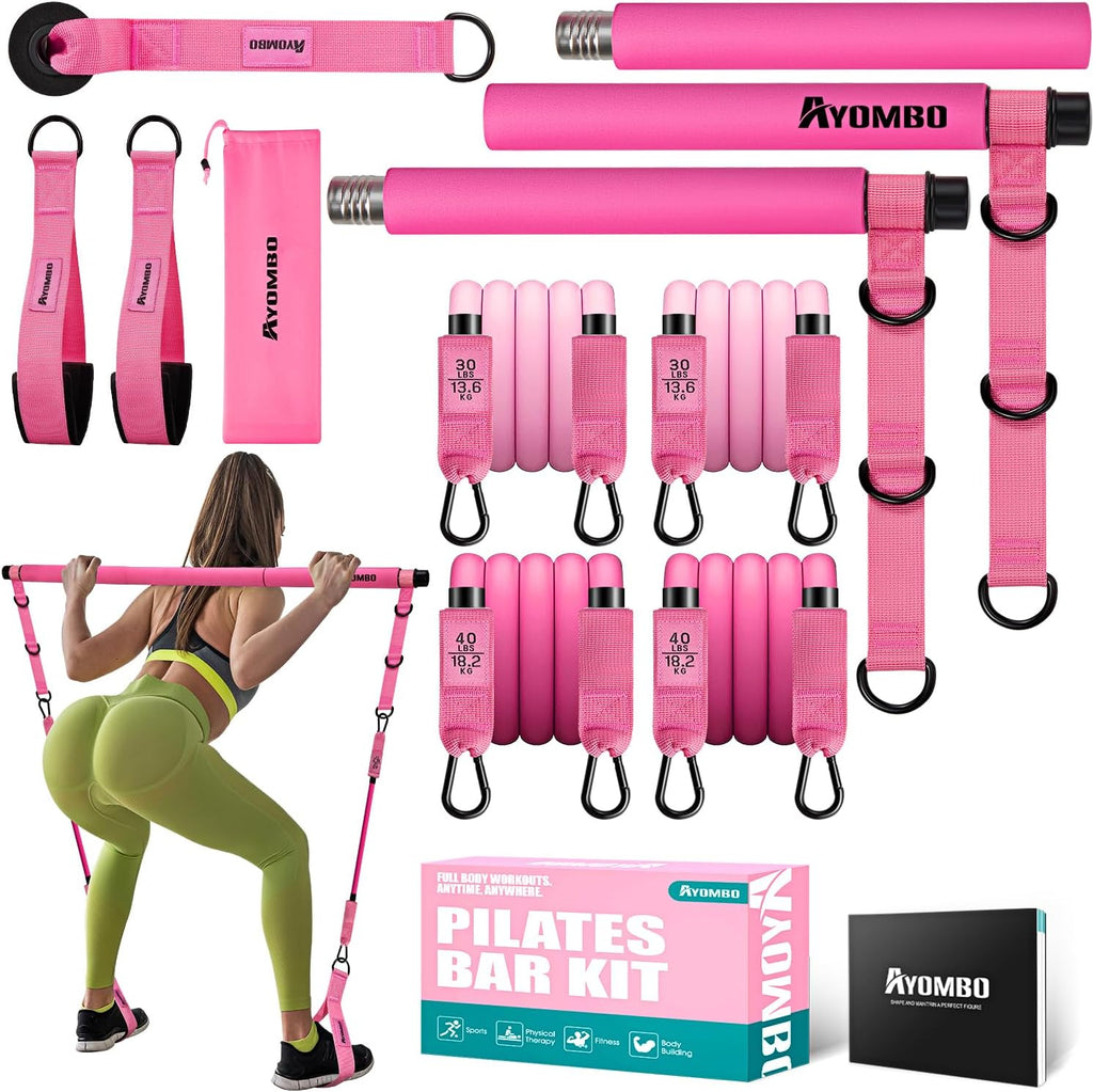 Pilates Bar Kit with Resistance Bands, Adjustable Pink Workout Set