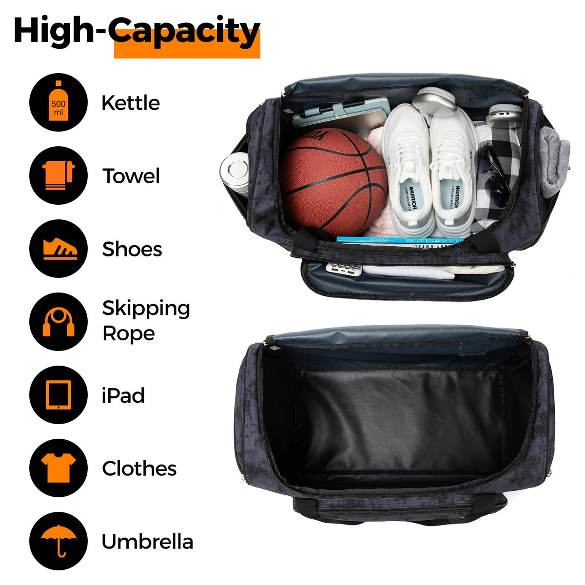 Gym Bag for Men & Women - 50L Large Duffle Bag for Travel, Black