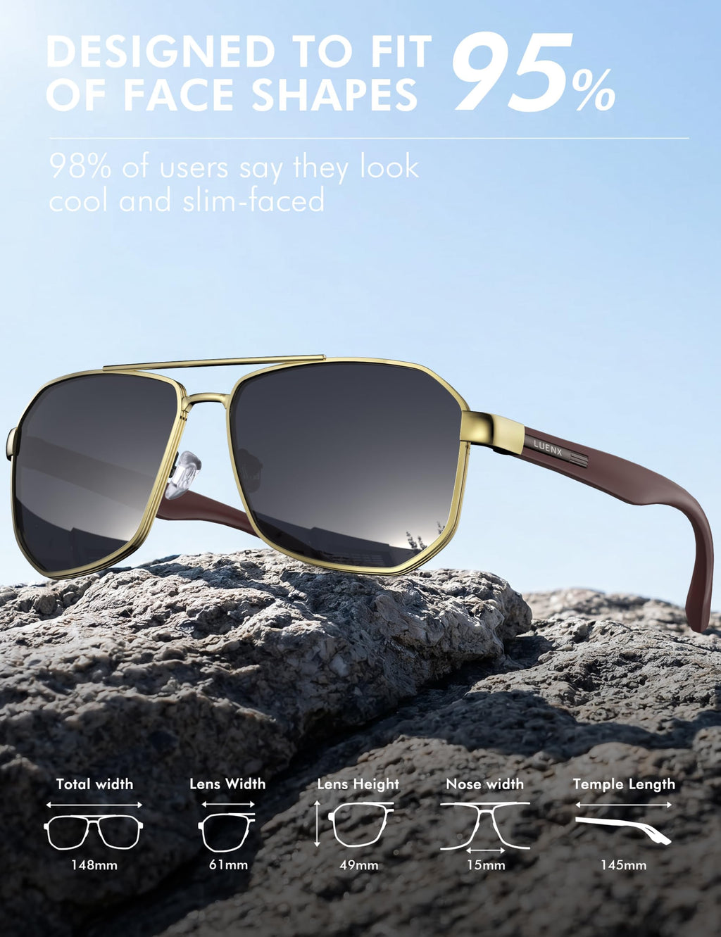 LUENX Aviator Polarized Sunglasses for Men: Square UV400 Driving