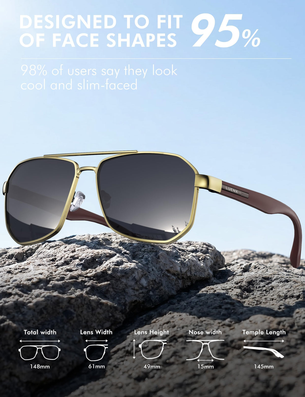 LUENX Aviator Polarized Sunglasses for Men: Square UV400 Driving