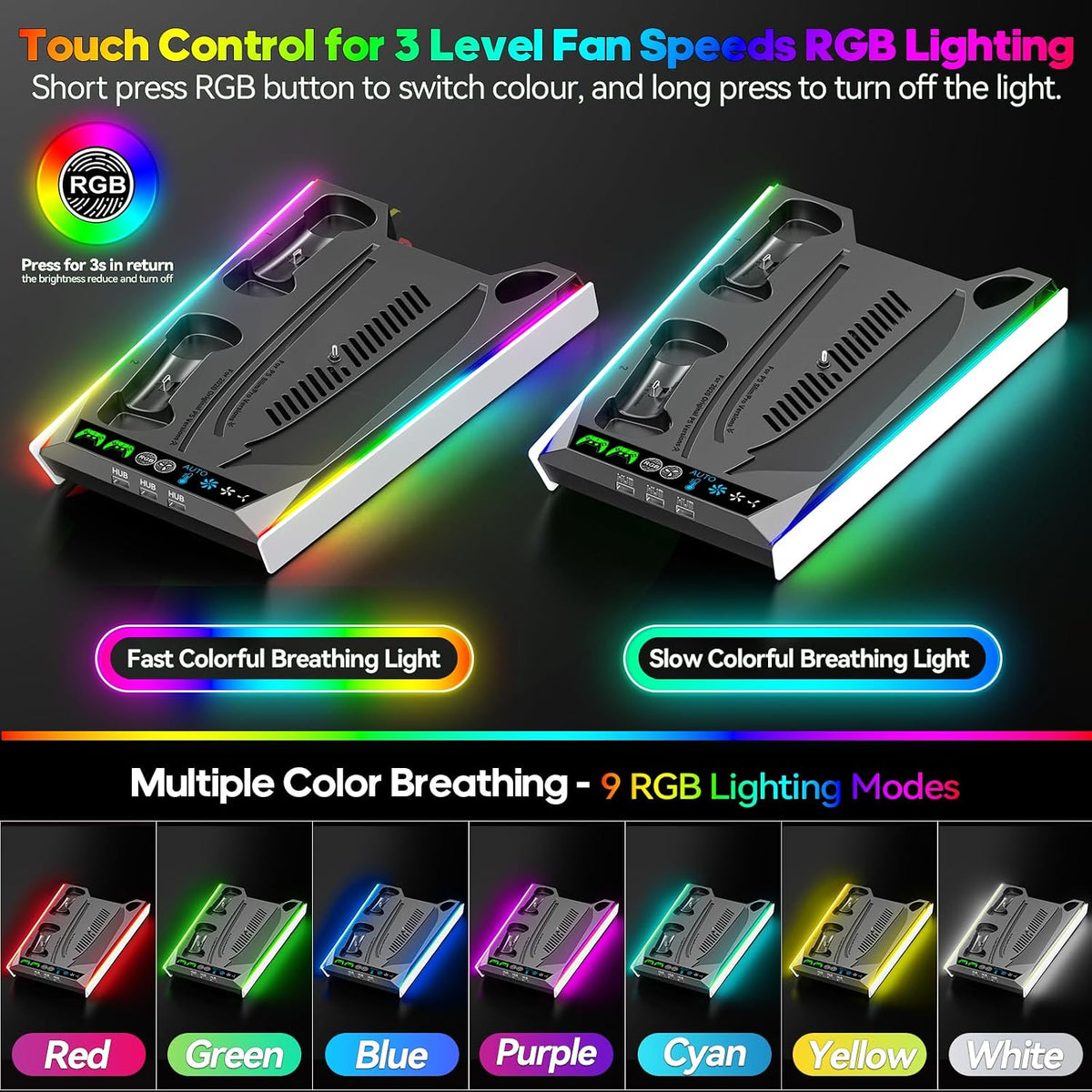 PS5/Slim/Pro Stand for Disc & Digital Console, PS5 Cooling & Charging Station with RGB Lights, PS5 Controller Charger Built-in 3 Level & AUTO Adjustable Fan, Accessories for PlayStation 4 Chargers