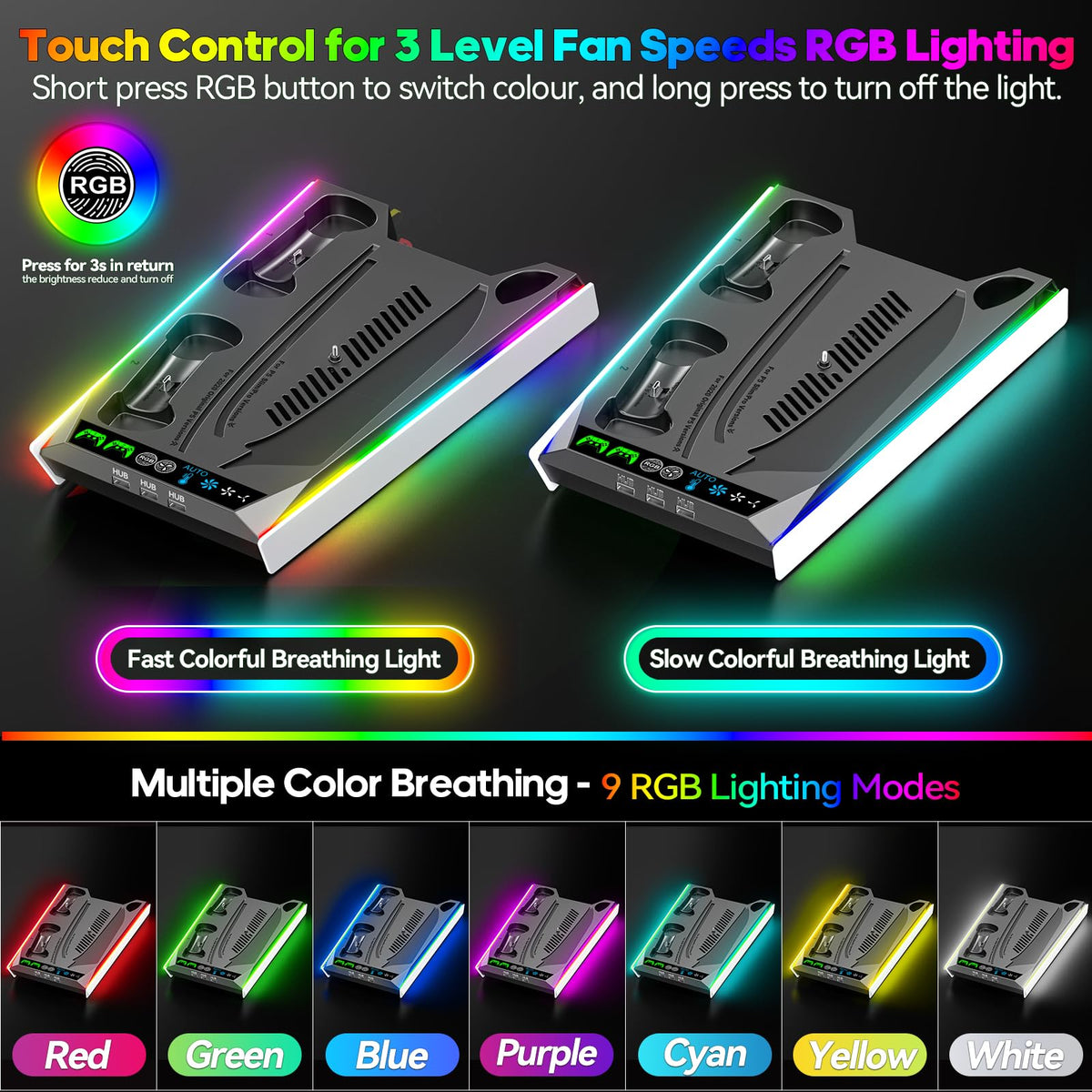PS5/Slim/Pro Stand for Disc & Digital Console, PS5 Cooling & Charging Station with RGB Lights, PS5 Controller Charger Built-in 3 Level & AUTO Adjustable Fan, Accessories for PlayStation 4 Chargers