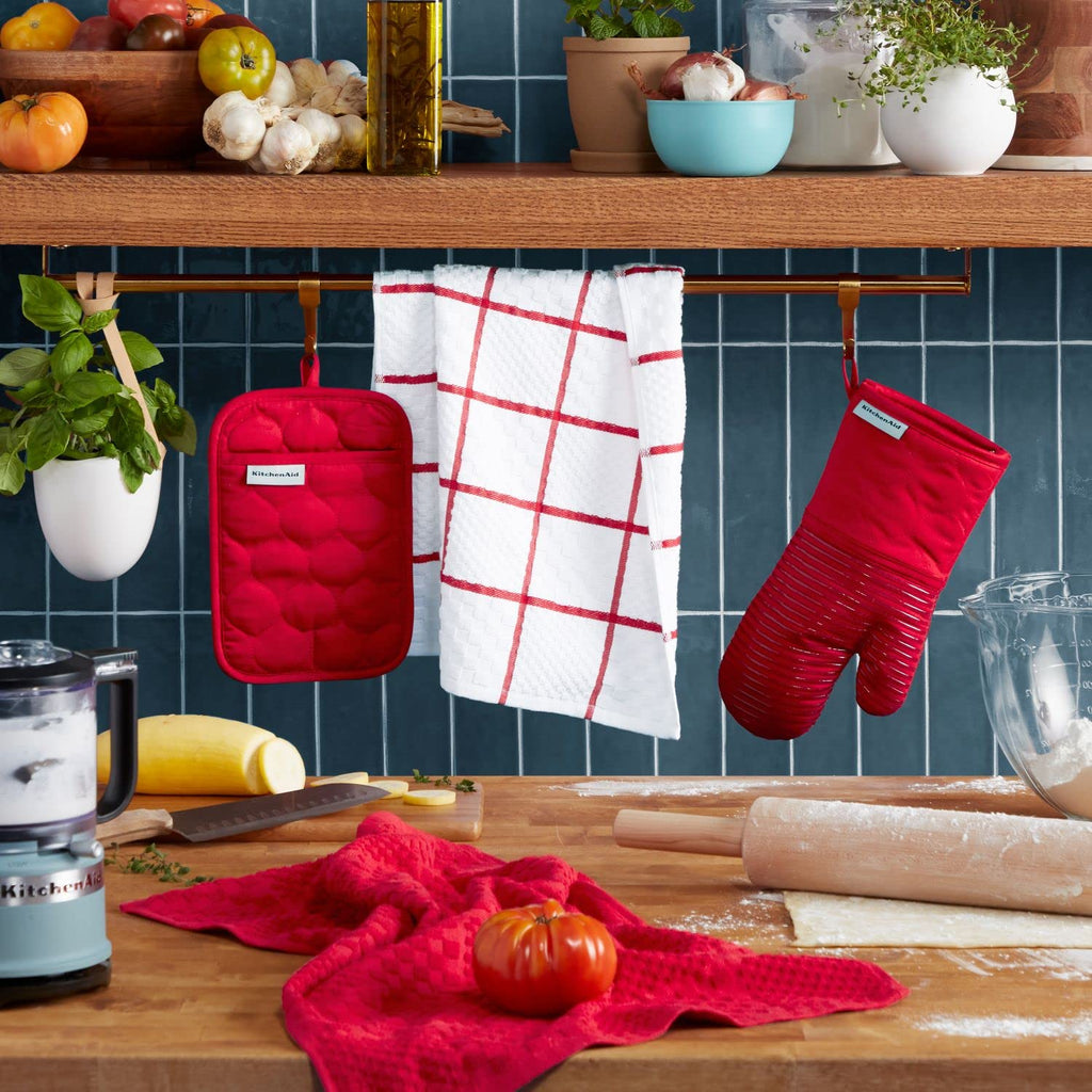 KITCHENAID Quilted Cotton Terry Cloth Oven Mitt, Pot Holder, Kitchen Towel 4-Pack Set, Heat Resistant, Silicone Grip, 16"x26", 7"x13" & 7"x10", Milkshake Tan