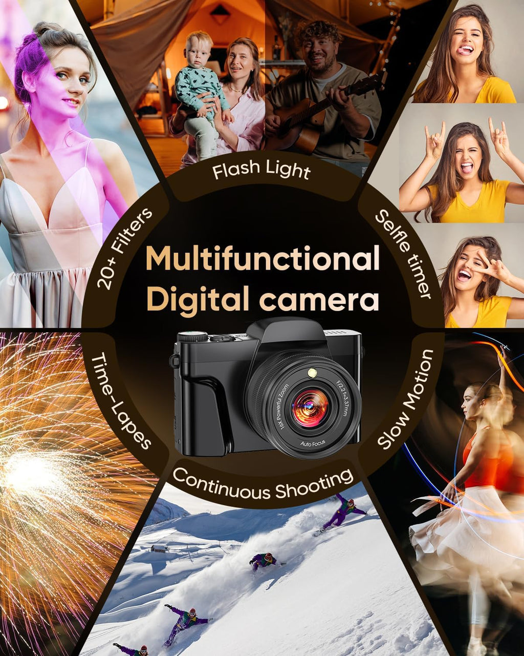 4K Digital Camera WiFi 180° Flip Screen Autofocus 64MP 16X Zoom, Black