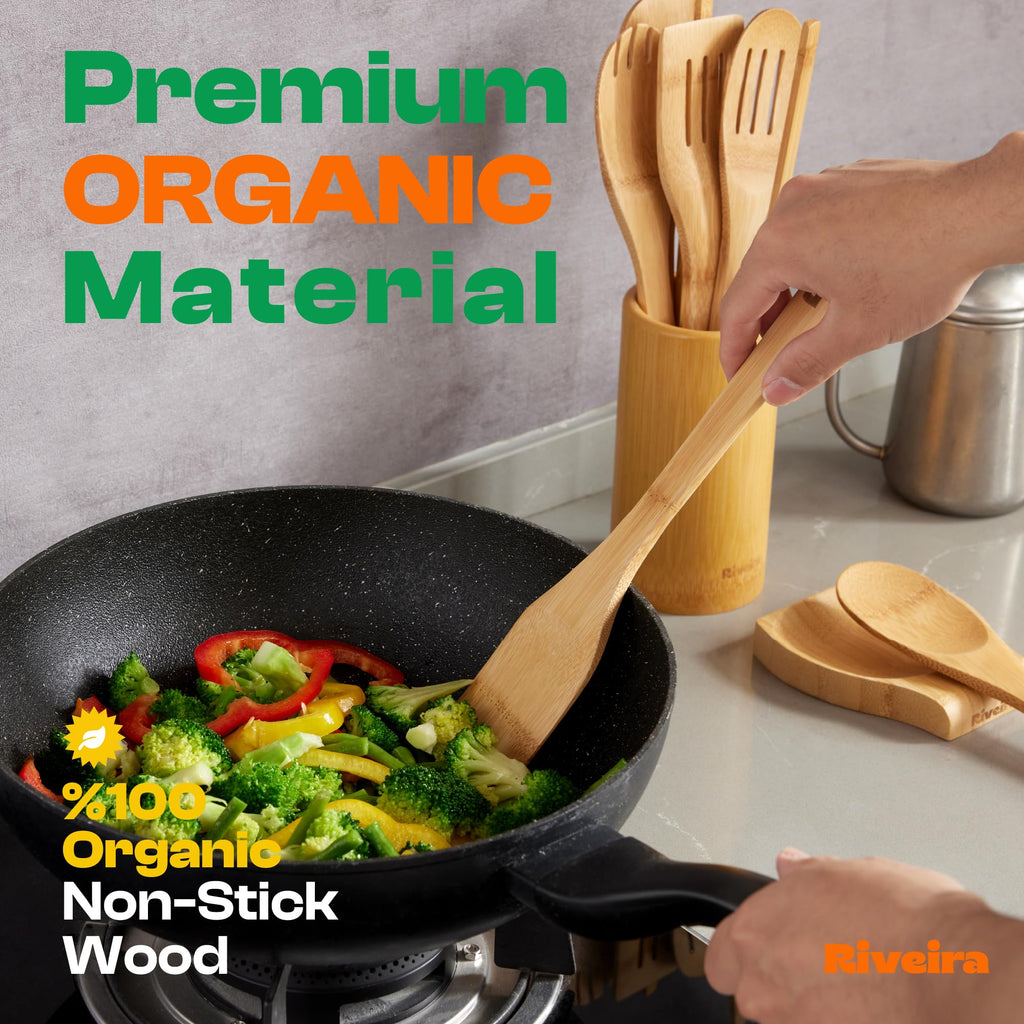 Riveira Dark Bamboo Wooden Spoons for Cooking 6-Piece, Apartment Essentials Wood Spatula Spoon Nonstick Kitchen Utensil Set Premium Quality Housewarming Gifts for Everyday Use