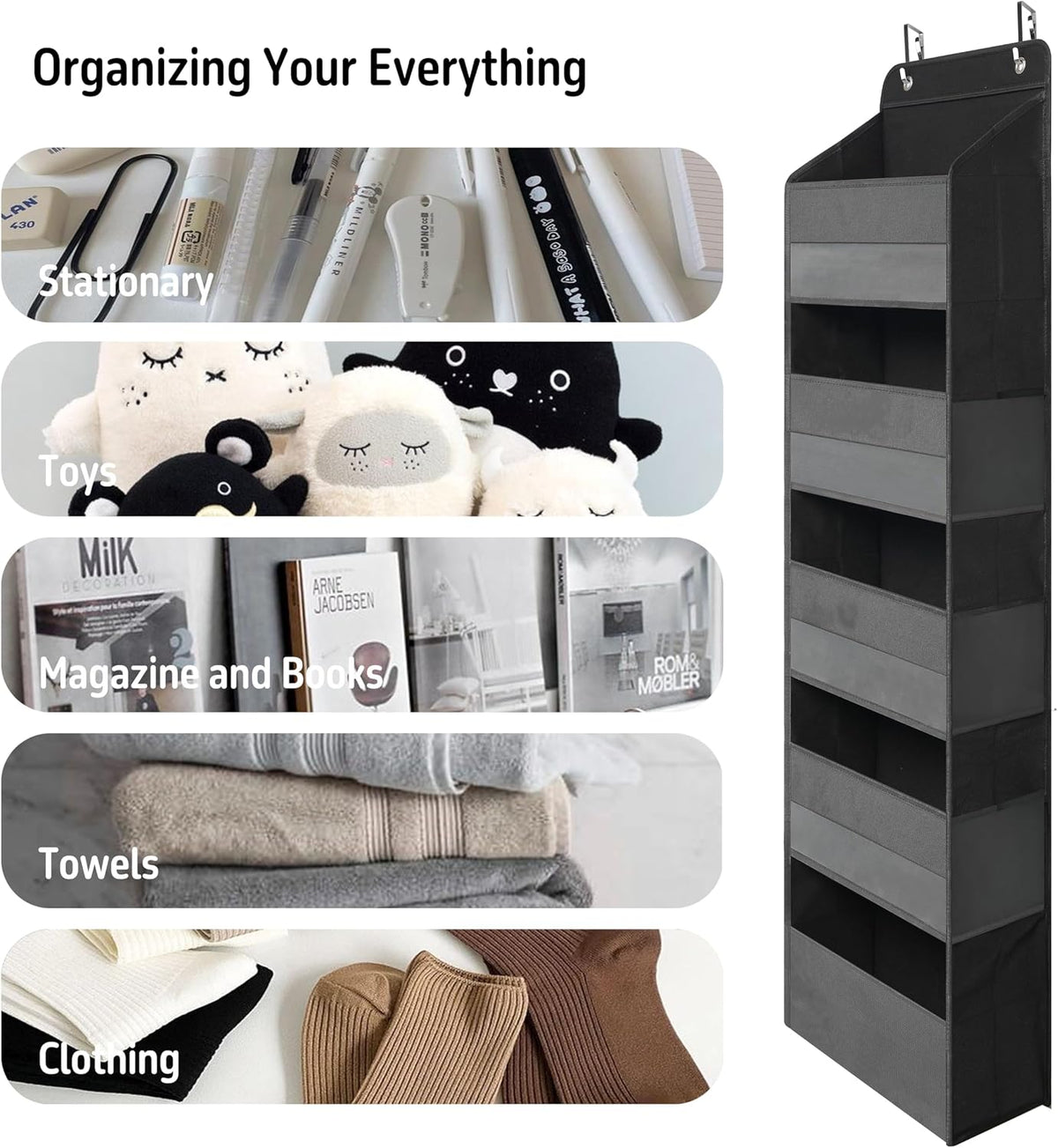 TYMENSH Over the Door Organizer for Bedroom Bathroom Pantry, 5 Shelf Black