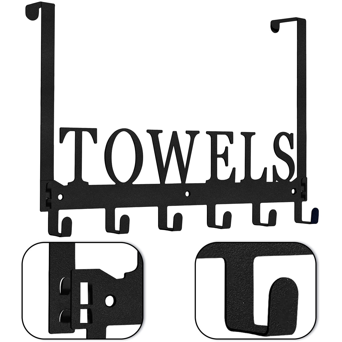 Kuhome Over The Door Hooks, Towel Holder for Bathroom, Door Mount Towel Rack Towel Hooks for Bedroom Beach Towels Bathrobe Wall Mount Hang on The Door Cabinet Cupboard Metal Sandblasted (Black)