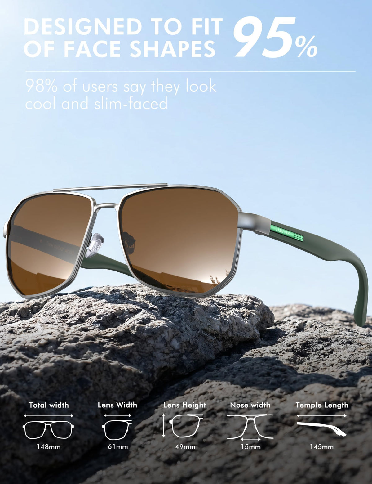LUENX Aviator Polarized Sunglasses for Men: Square UV400 Driving