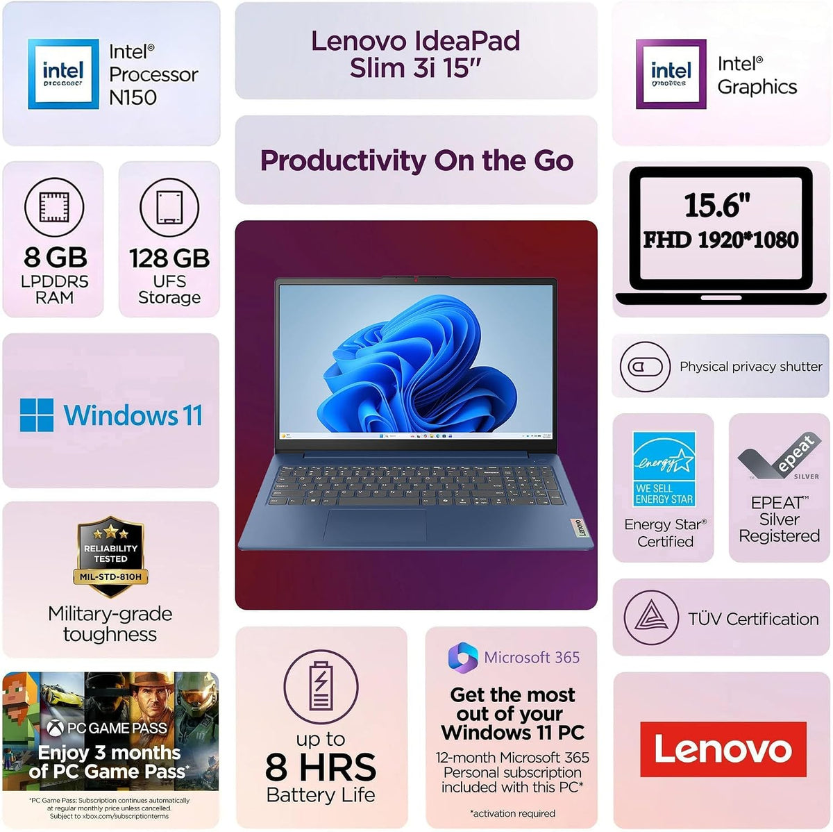 Lenovo Business 15.6" FHD Laptop, Intel Processor, 8GB DDR5, 128GB Storage