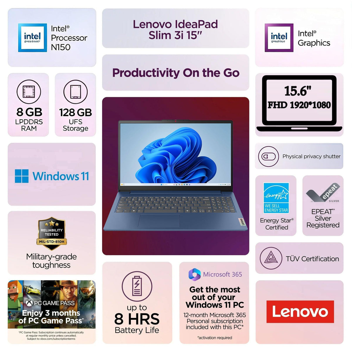 Lenovo Business 15.6" FHD Laptop, Intel Processor, 8GB DDR5, 128GB Storage