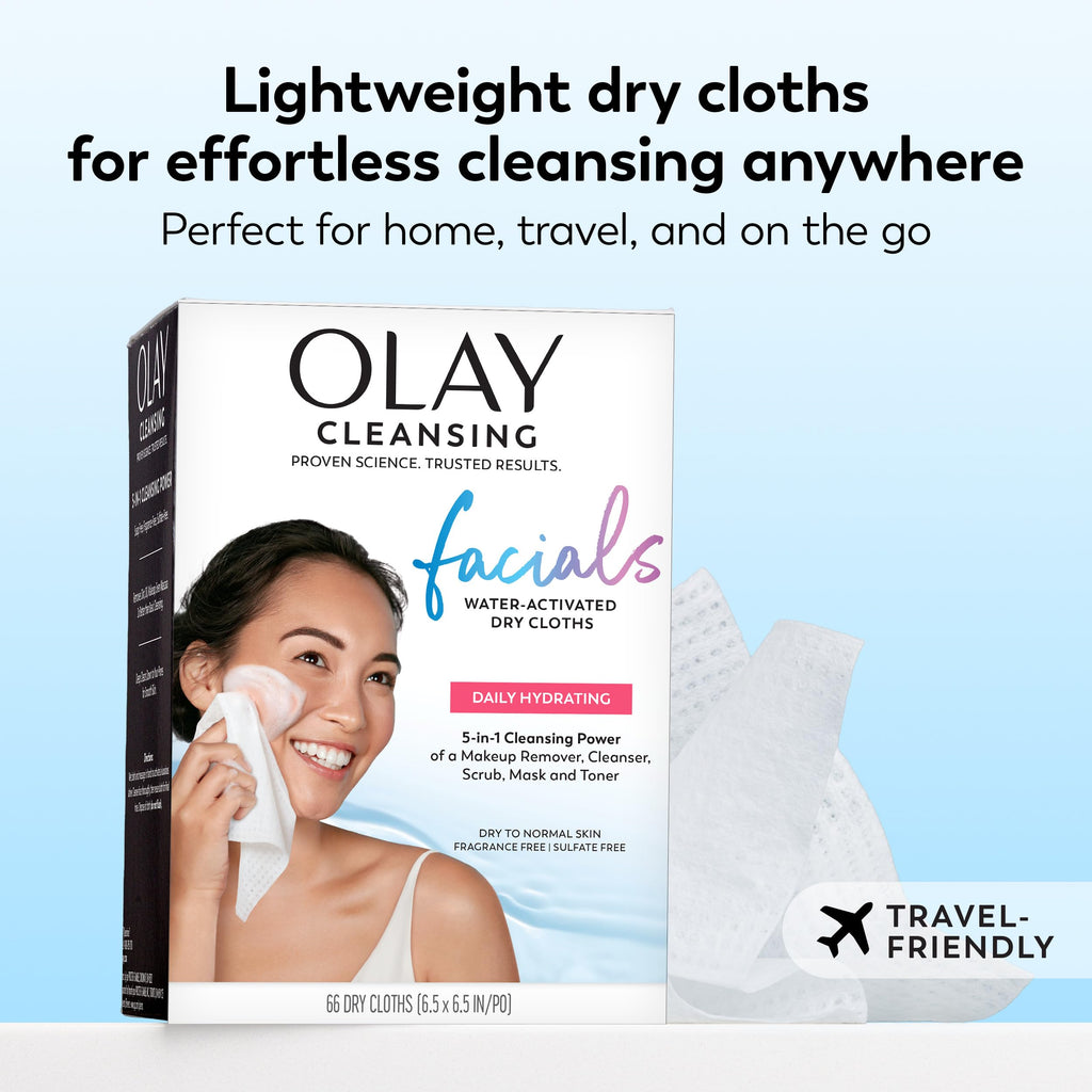 Olay Makeup Remover Wipes, Daily Facials Deep Clean Face Cleanser for Normal to Oily Skin, Alcohol & Fragrance Free, Soft Face Wash Towels, Travel Essentials for Women, Convenient Dry Cloths, 66 ct