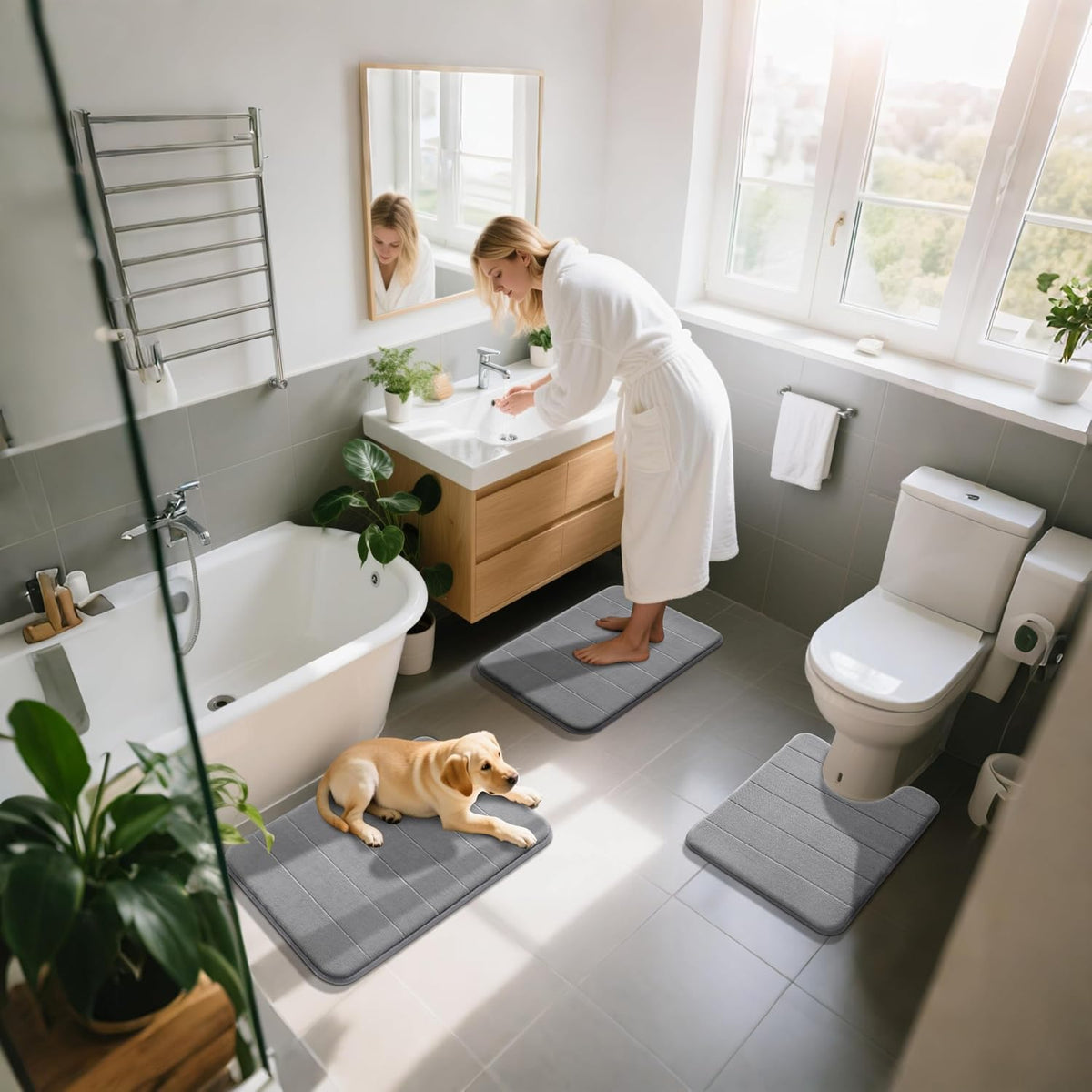 Yimobra Memory Foam Bath Mat Set 3 Pieces- Super Soft Absorbent Quick Dry Bathroom Rug Sets, Machine Washable Non Slip Floor Carpet for Tub Shower, Vanity & Toilet Base, Gray