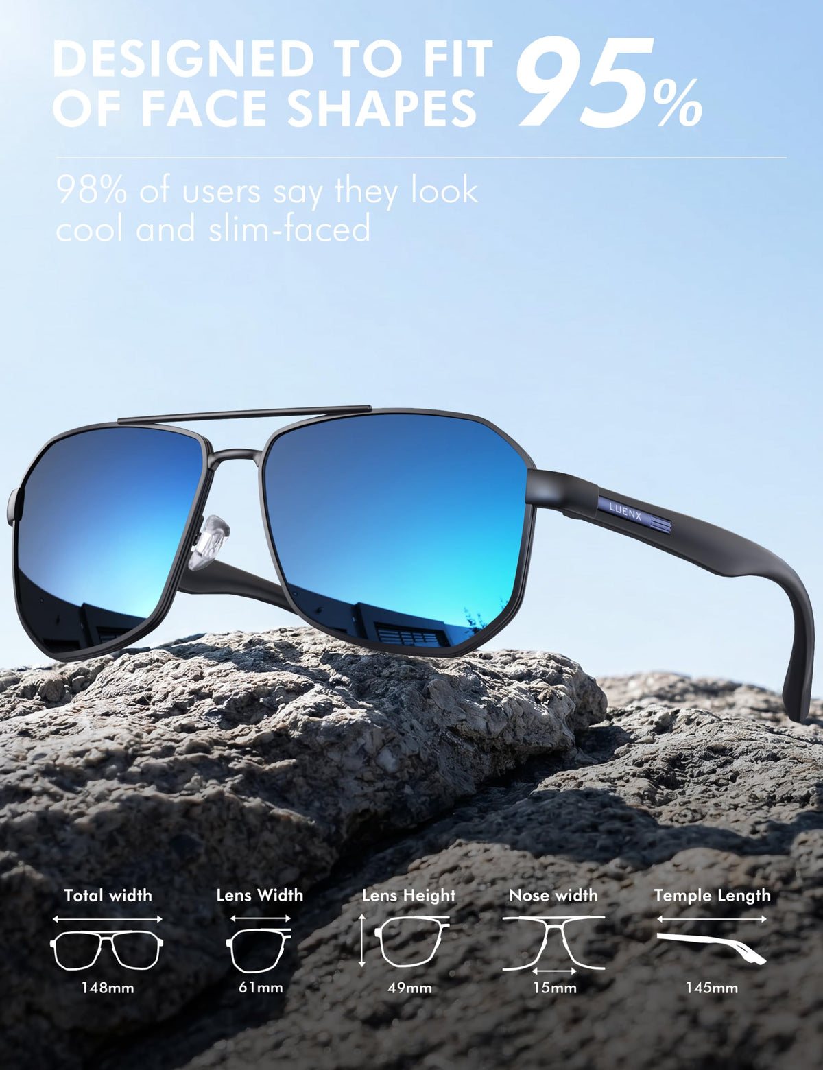 LUENX Aviator Polarized Sunglasses for Men: Square UV400 Driving