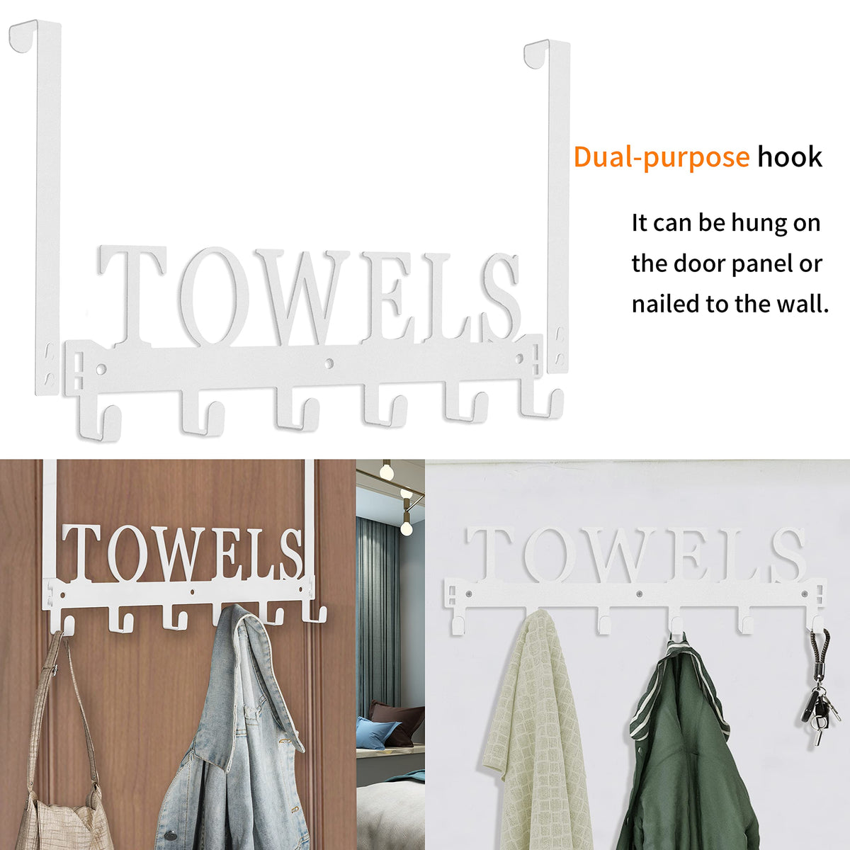 Kuhome Over The Door Hooks, Towel Holder for Bathroom, Door Mount Towel Rack Towel Hooks for Bedroom Beach Towels Bathrobe Wall Mount Hang on The Door Cabinet Cupboard Metal Sandblasted (Black)