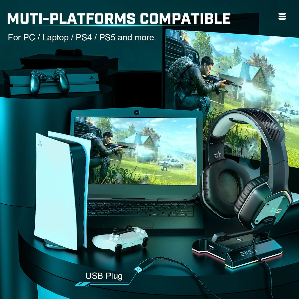 EKSA E1000 USB PC Gaming Headset with Mic, 7.1 Surround Sound