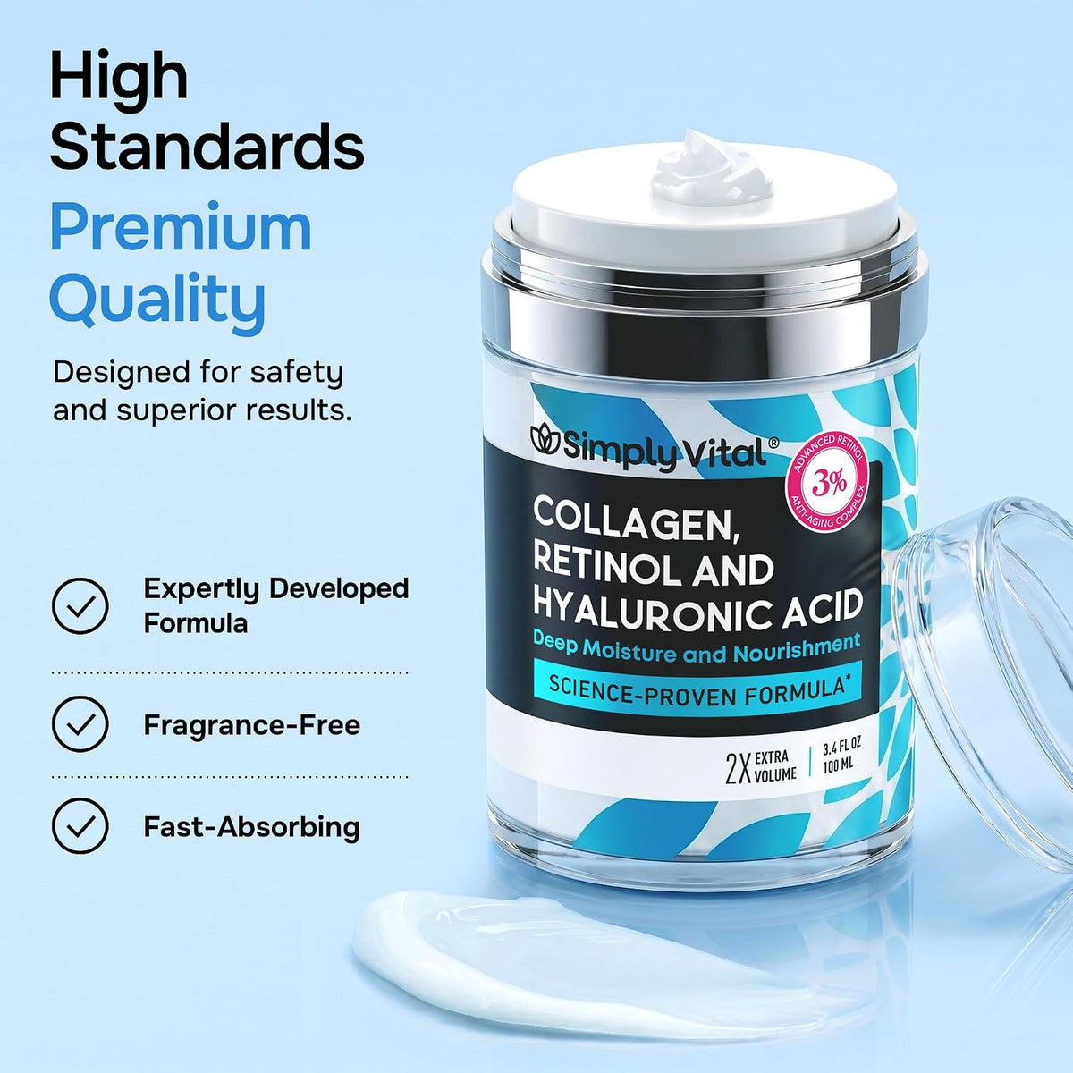 SimplyVital Face Moisturizer Retinol Collagen Hyaluronic Acid Cream 1.7 oz