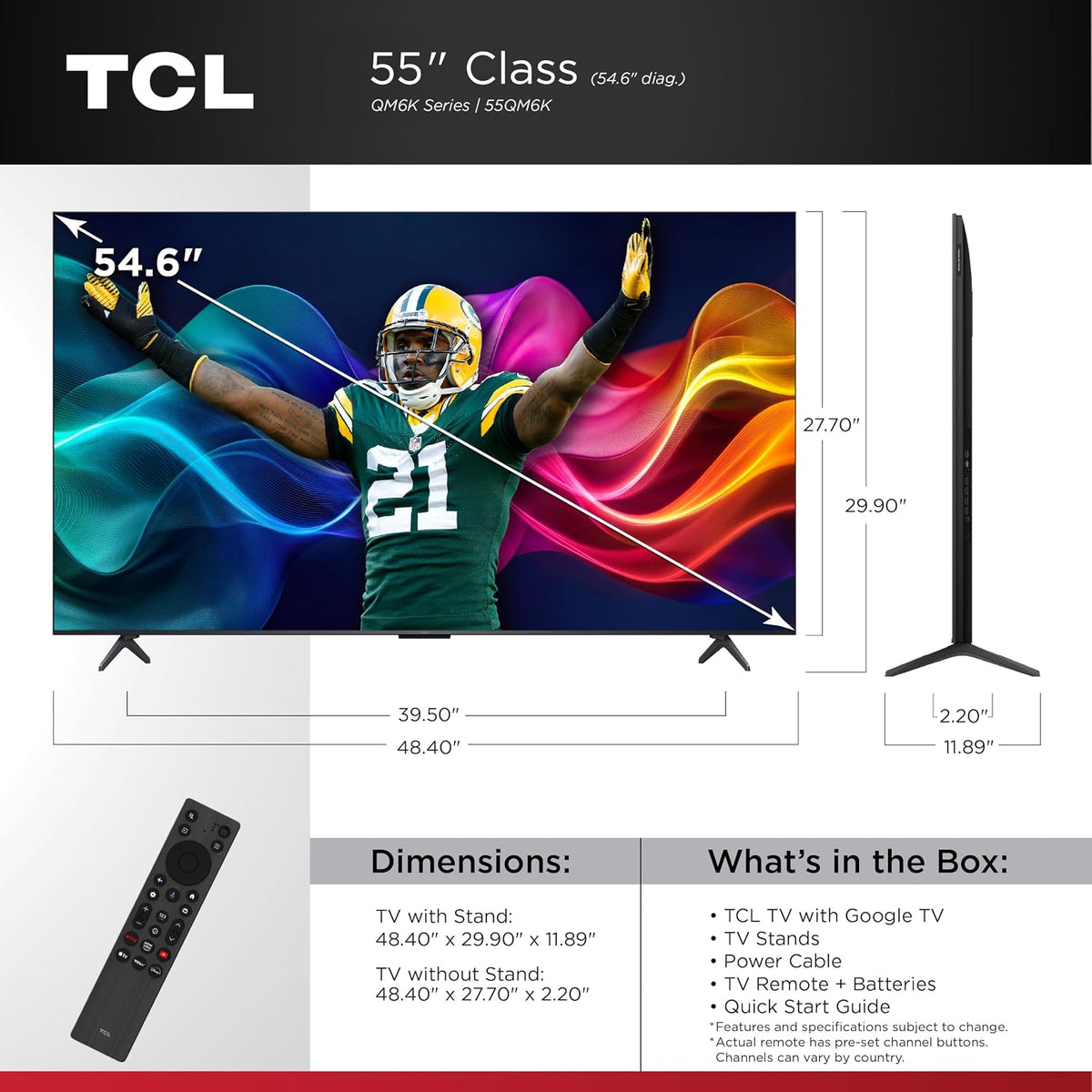 TCL 50 Inch QM6K Series QLED Mini LED 4K HDR Smart Google TV, 50QM6K