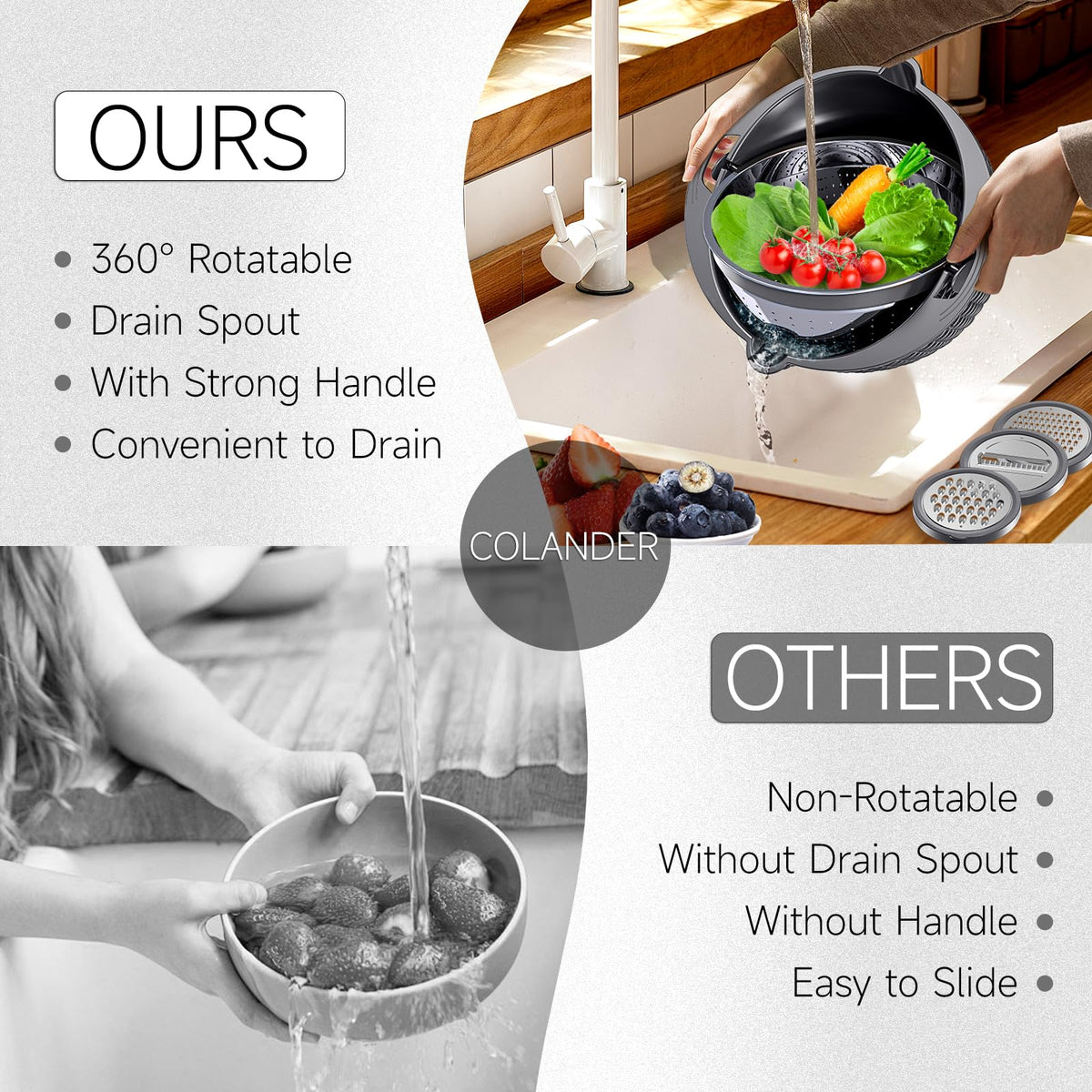 Over the Sink Colander - Strainers and Colanders - Sink Strainer Basket - Expandable Fine Mesh Strainer with Rubber Grip for Veggie, Fruits, Pasta, Home Kitchen Essentials (9.5W x 13.4-21.3L x 3.3H)