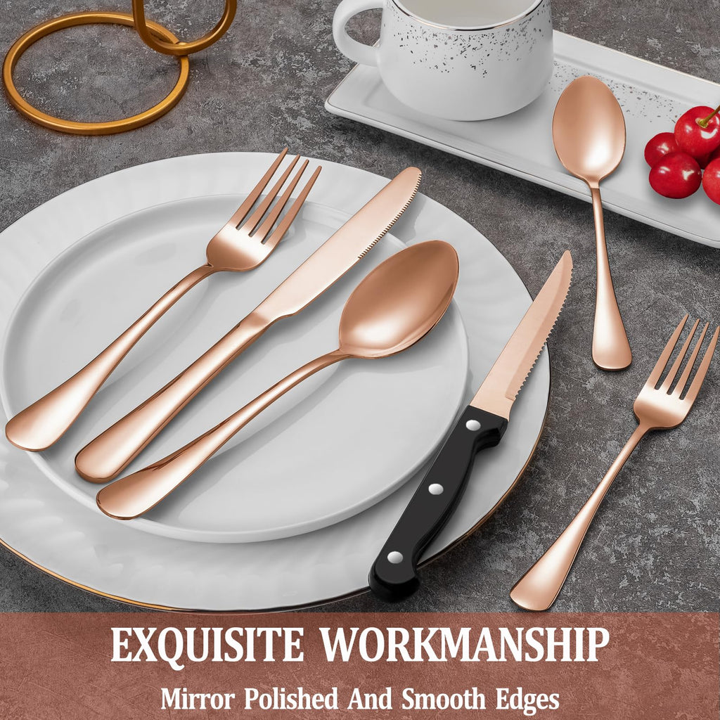 24 Pcs Silverware Set with Steak Knives for 4, Stainless Steel Flatware Set, Mirror Polished Cutlery Utensil Sets, Home Kitchen Eating Tableware, Dishwasher Safe