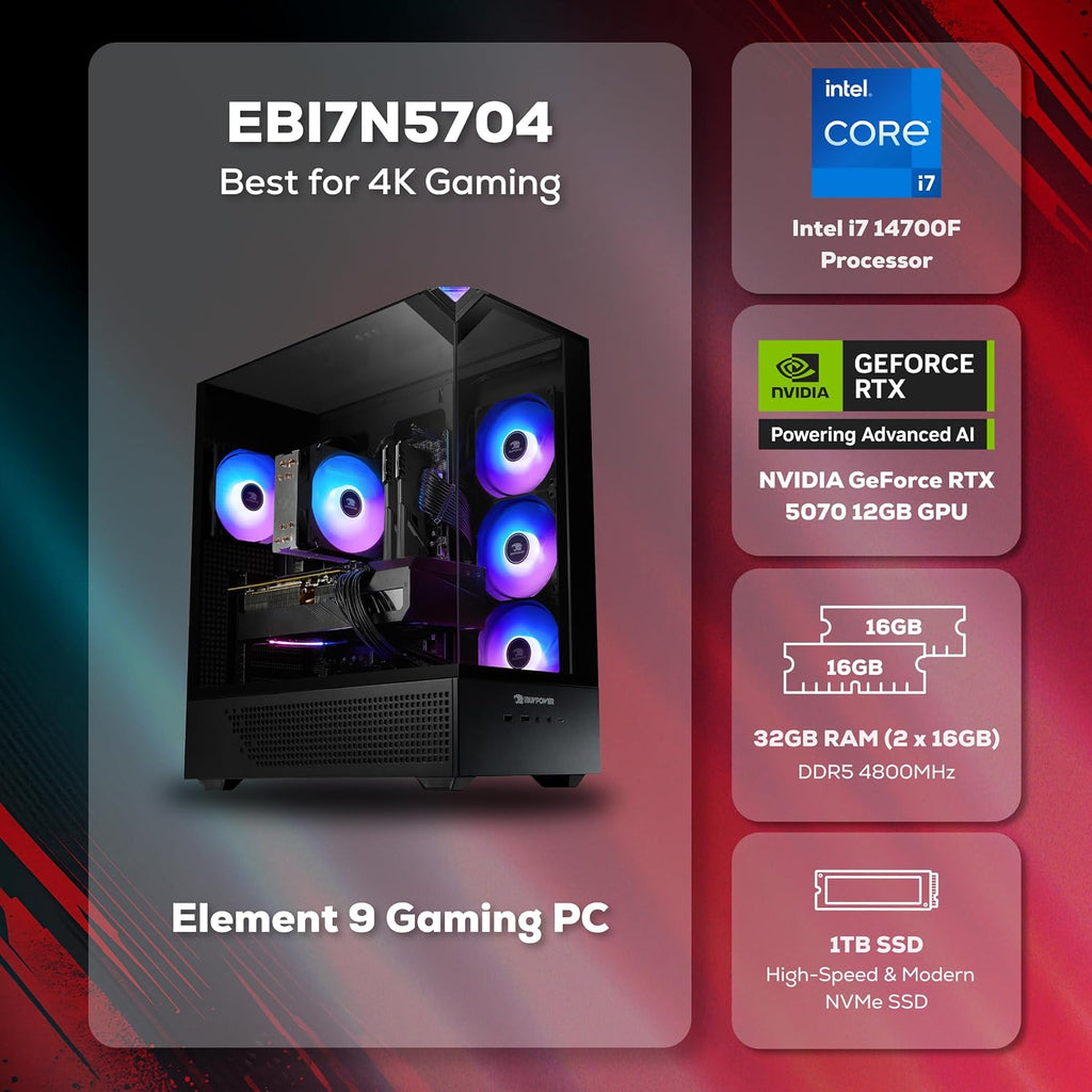 iBUYPOWER Element Gaming PC Desktop Computer Intel Core i7 14700F CPU, NVIDIA GeForce RTX 5070 12GB GPU, 32GB DDR5 RAM, 1TB NVMe SSD, Windows 11 Home, Gamer Keyboard and Mouse - EBI7N5704
