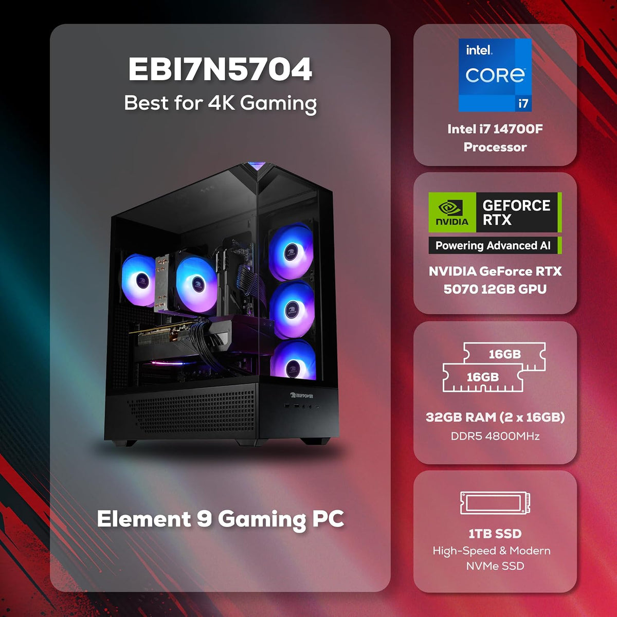 iBUYPOWER Element Gaming PC Desktop Computer Intel Core i7 14700F CPU, NVIDIA GeForce RTX 5070 12GB GPU, 32GB DDR5 RAM, 1TB NVMe SSD, Windows 11 Home, Gamer Keyboard and Mouse - EBI7N5704