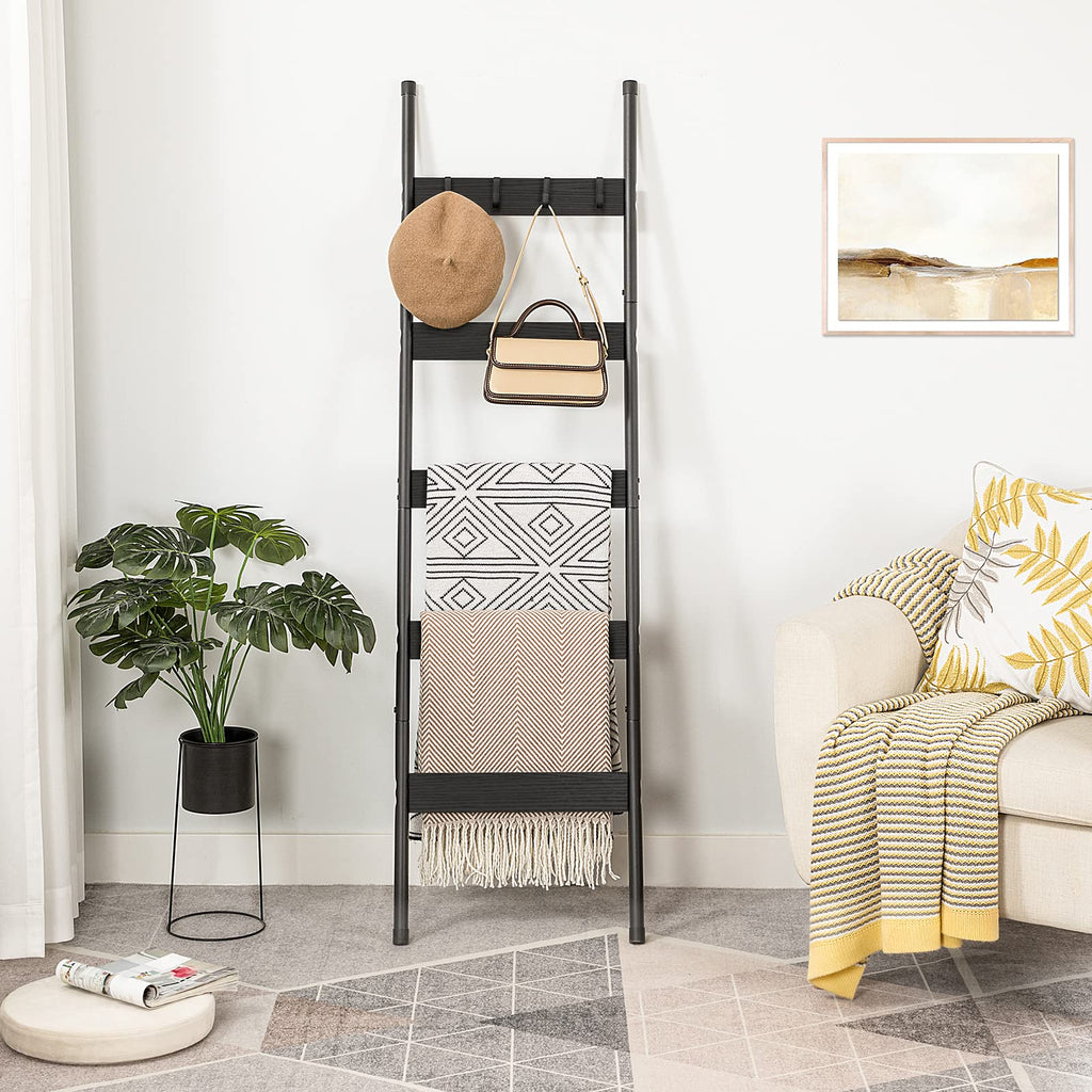 HOOBRO Blanket Ladder, 5-Tier Towel Rack with Hooks, Wall-Leaning Blanket Rack, Decorative Display Ladder Shelf, for Scarves, Industrial, Living Room, Bedroom, Rustic Brown and Black BF52CJ01G1