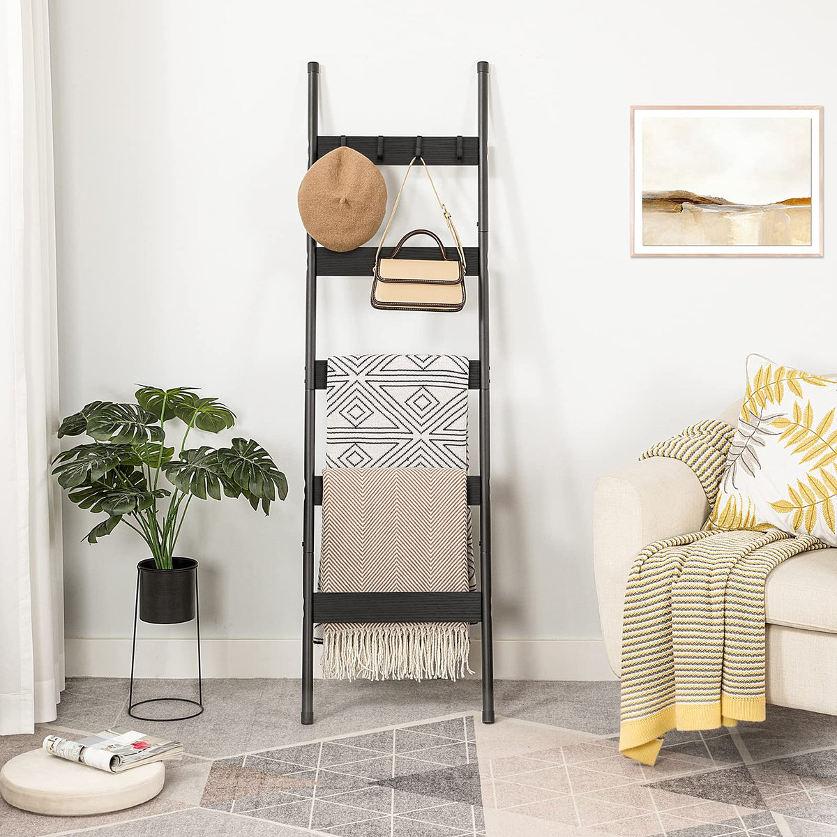 HOOBRO Blanket Ladder, 5-Tier Towel Rack with Hooks, Wall-Leaning Blanket Rack, Decorative Display Ladder Shelf, for Scarves, Industrial, Living Room, Bedroom, Rustic Brown and Black BF52CJ01G1
