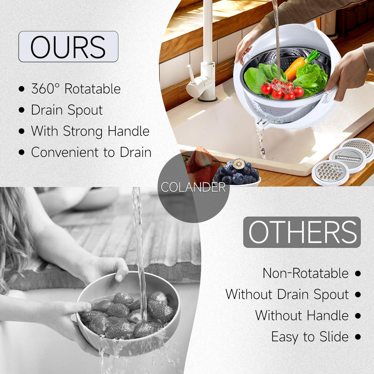 Over the Sink Colander - Strainers and Colanders - Sink Strainer Basket - Expandable Fine Mesh Strainer with Rubber Grip for Veggie, Fruits, Pasta, Home Kitchen Essentials (9.5W x 13.4-21.3L x 3.3H)