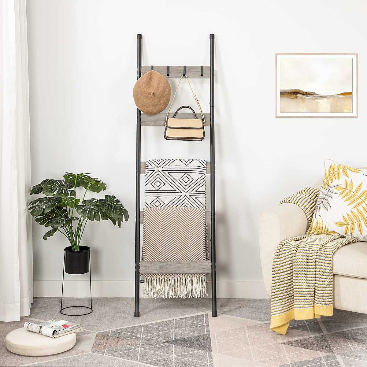 HOOBRO Blanket Ladder, 5-Tier Towel Rack with Hooks, Wall-Leaning Blanket Rack, Decorative Display Ladder Shelf, for Scarves, Industrial, Living Room, Bedroom, Rustic Brown and Black BF52CJ01G1