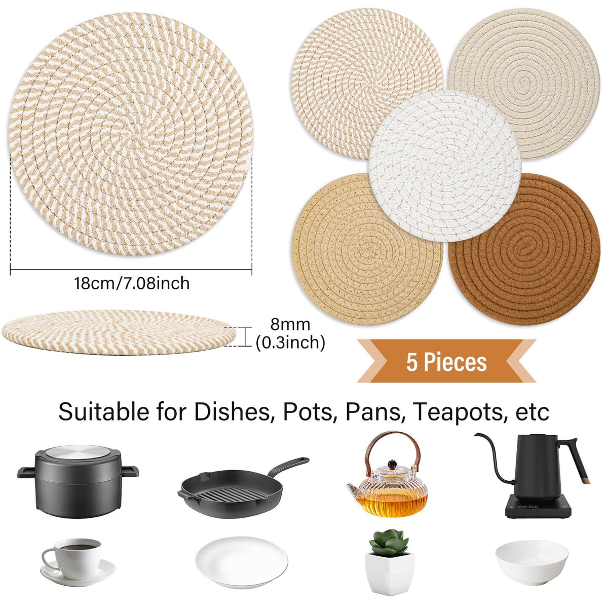 Tidponra Trivet Mats Set for Hot Dishes, 5 Heat Resistant Pot Holders Kitchen Counter, Table, Home Essentials, Anti Stain Hot Pads Plate Mats for Hot pots and Pans, 7 Inches