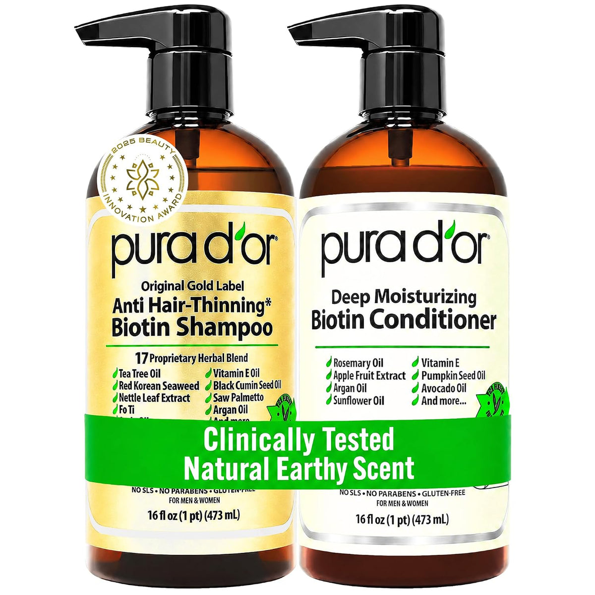 PURA D'OR Apple Cider Vinegar Shampoo & Conditioner Clarifying Set, 16oz x2