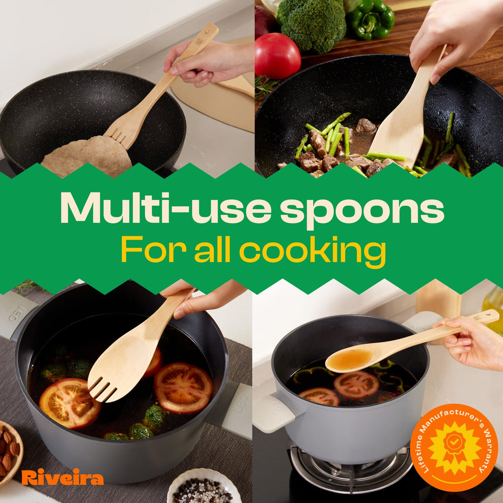 Riveira Dark Bamboo Wooden Spoons for Cooking 6-Piece, Apartment Essentials Wood Spatula Spoon Nonstick Kitchen Utensil Set Premium Quality Housewarming Gifts for Everyday Use