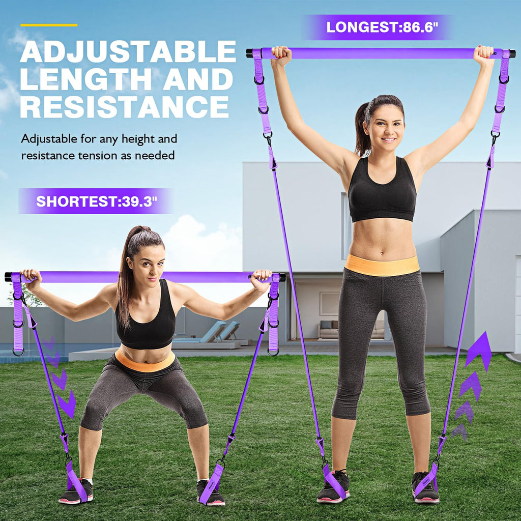 Pilates Bar Kit with Resistance Bands, Adjustable Pink Workout Set