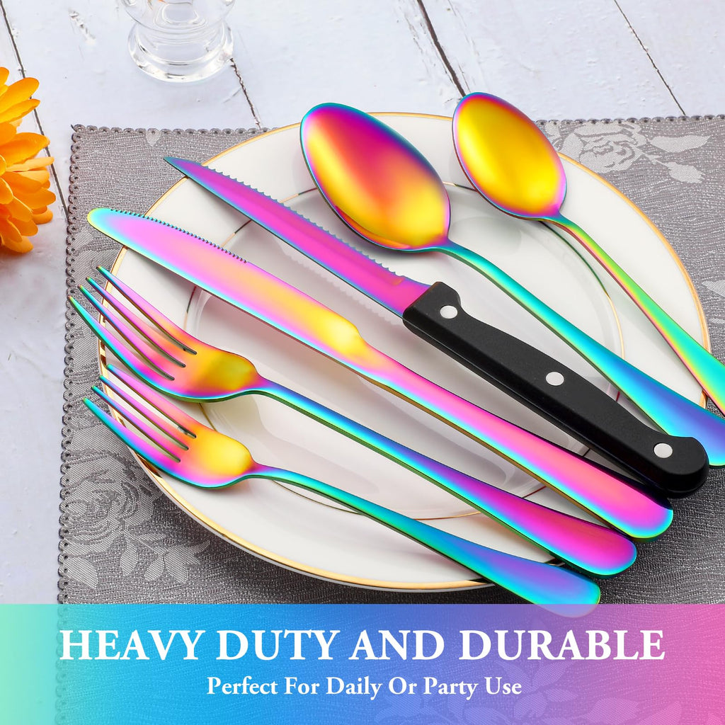 24 Pcs Silverware Set with Steak Knives for 4, Stainless Steel Flatware Set, Mirror Polished Cutlery Utensil Sets, Home Kitchen Eating Tableware, Dishwasher Safe