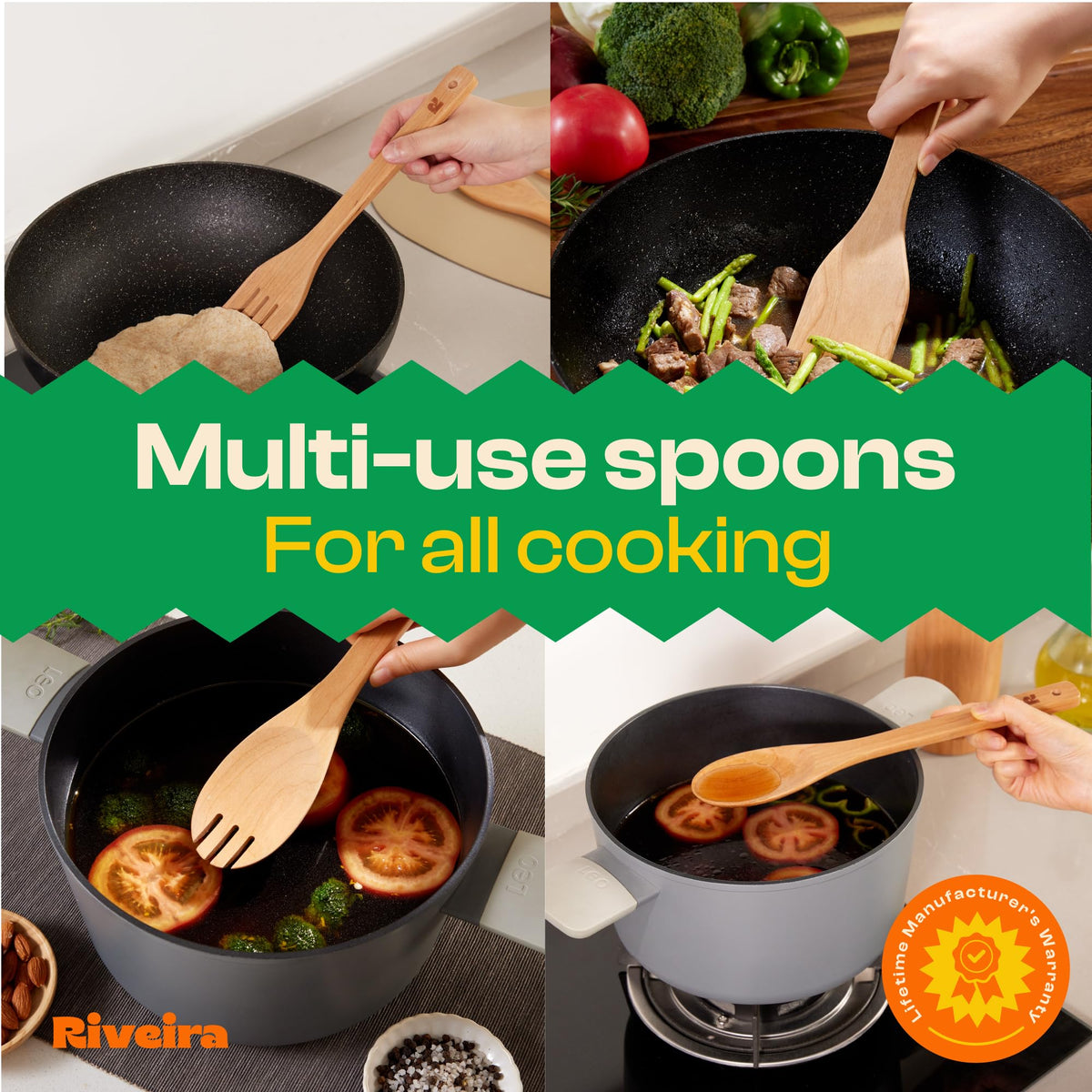 Riveira Dark Bamboo Wooden Spoons for Cooking 6-Piece, Apartment Essentials Wood Spatula Spoon Nonstick Kitchen Utensil Set Premium Quality Housewarming Gifts for Everyday Use