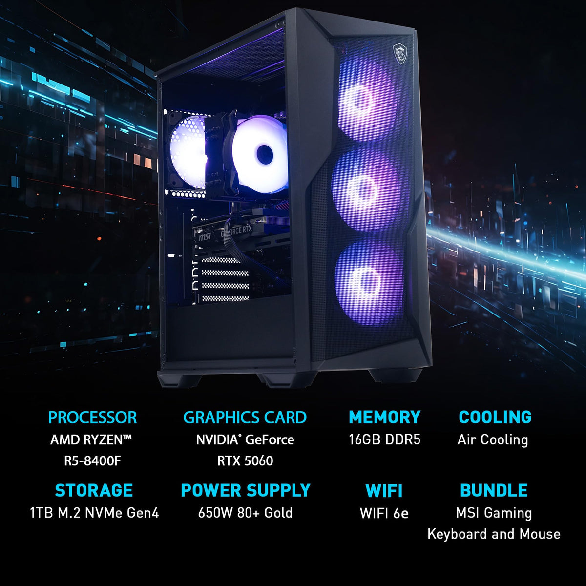msi Codex Z2 Gaming Desktop, AMD R7-8700F, RTX 5070, 32GB DDR5, 2TB SSD