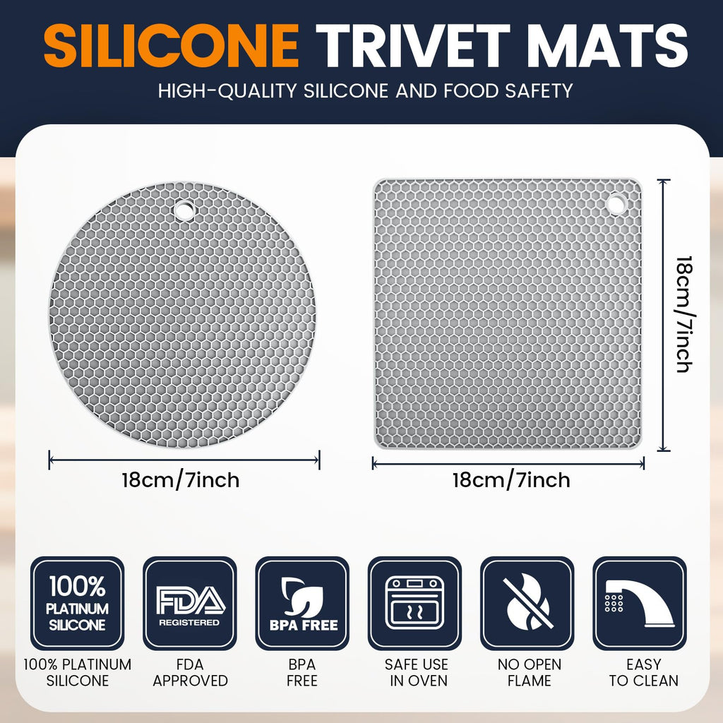 Silicone Trivet Mats 4 Heat Resistant Pot Holders Multipurpose Non-Slip Hot Pads for Kitchen Potholders, Drying mat, Jar Opener, Spoon Holder, Coaster(Dark Grey)