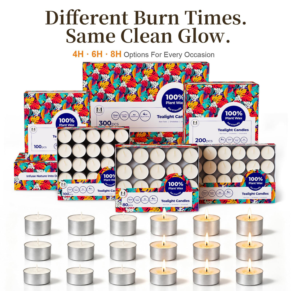 Tea Lights Candles 80 Pack, 4 Hour Palm Wax Tealight Candle Set