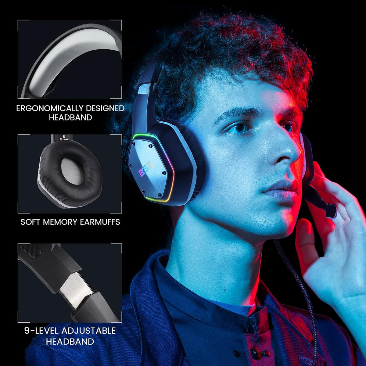 EKSA E1000 USB PC Gaming Headset with Mic, 7.1 Surround Sound