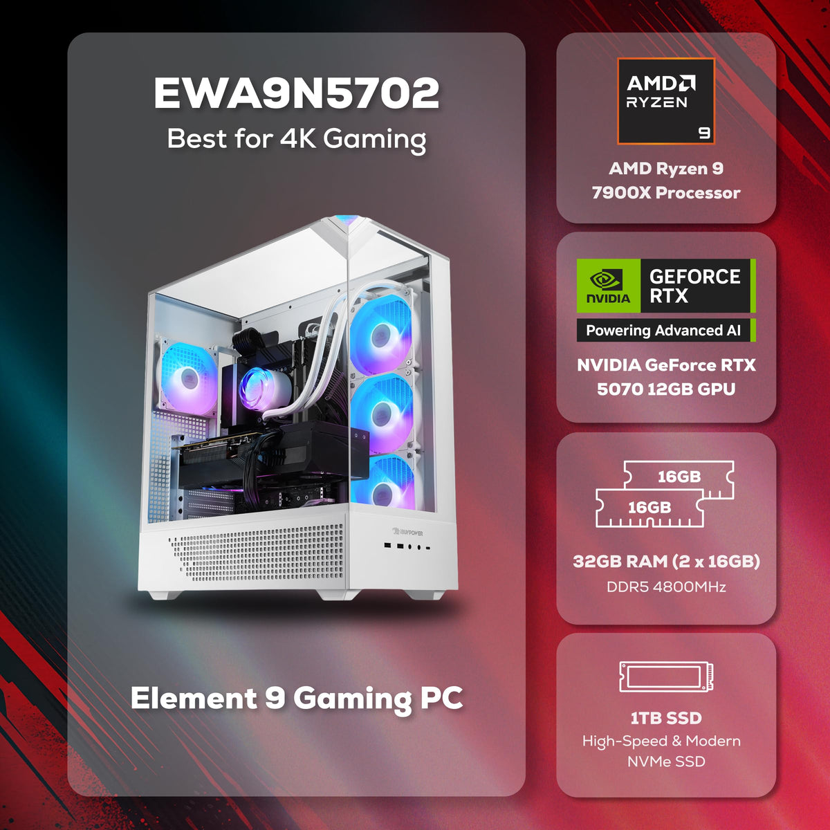 iBUYPOWER Element Gaming PC Desktop Computer Intel Core i7 14700F CPU, NVIDIA GeForce RTX 5070 12GB GPU, 32GB DDR5 RAM, 1TB NVMe SSD, Windows 11 Home, Gamer Keyboard and Mouse - EBI7N5704