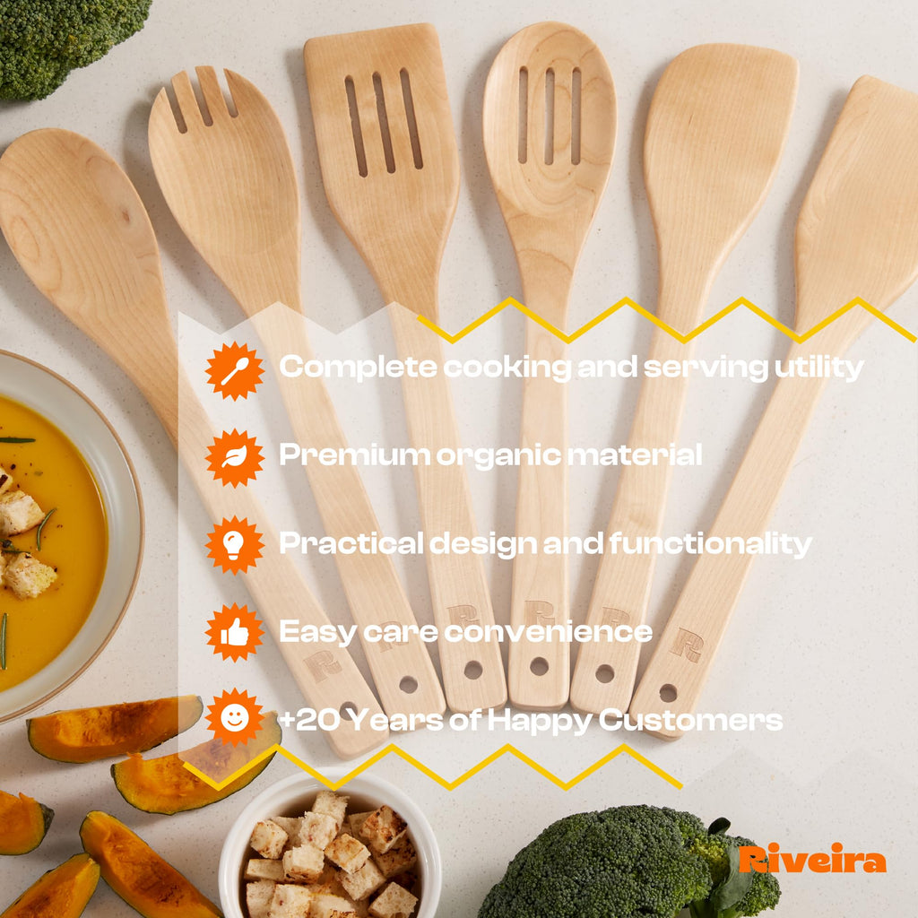 Riveira Dark Bamboo Wooden Spoons for Cooking 6-Piece, Apartment Essentials Wood Spatula Spoon Nonstick Kitchen Utensil Set Premium Quality Housewarming Gifts for Everyday Use