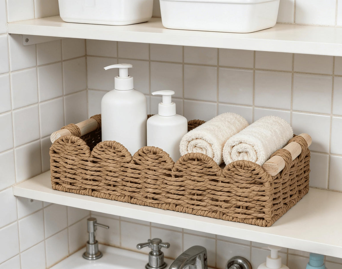 CubesLand Scalloped Toilet Paper Storage Basket W/Handle for Home Decor