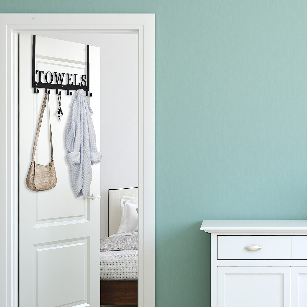 Kuhome Over The Door Hooks, Towel Holder for Bathroom, Door Mount Towel Rack Towel Hooks for Bedroom Beach Towels Bathrobe Wall Mount Hang on The Door Cabinet Cupboard Metal Sandblasted (Black)