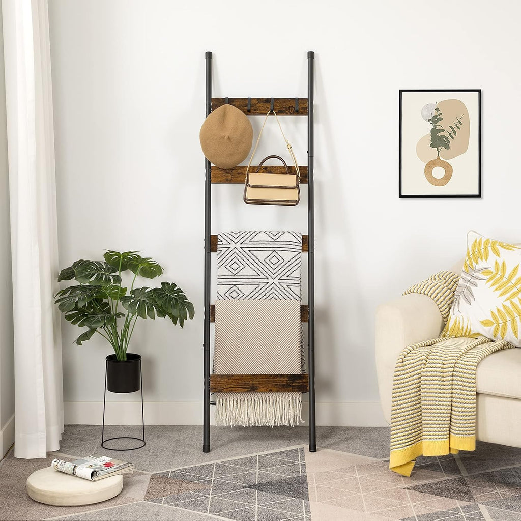 HOOBRO Blanket Ladder, 5-Tier Towel Rack with Hooks, Wall-Leaning Blanket Rack, Decorative Display Ladder Shelf, for Scarves, Industrial, Living Room, Bedroom, Rustic Brown and Black BF52CJ01G1
