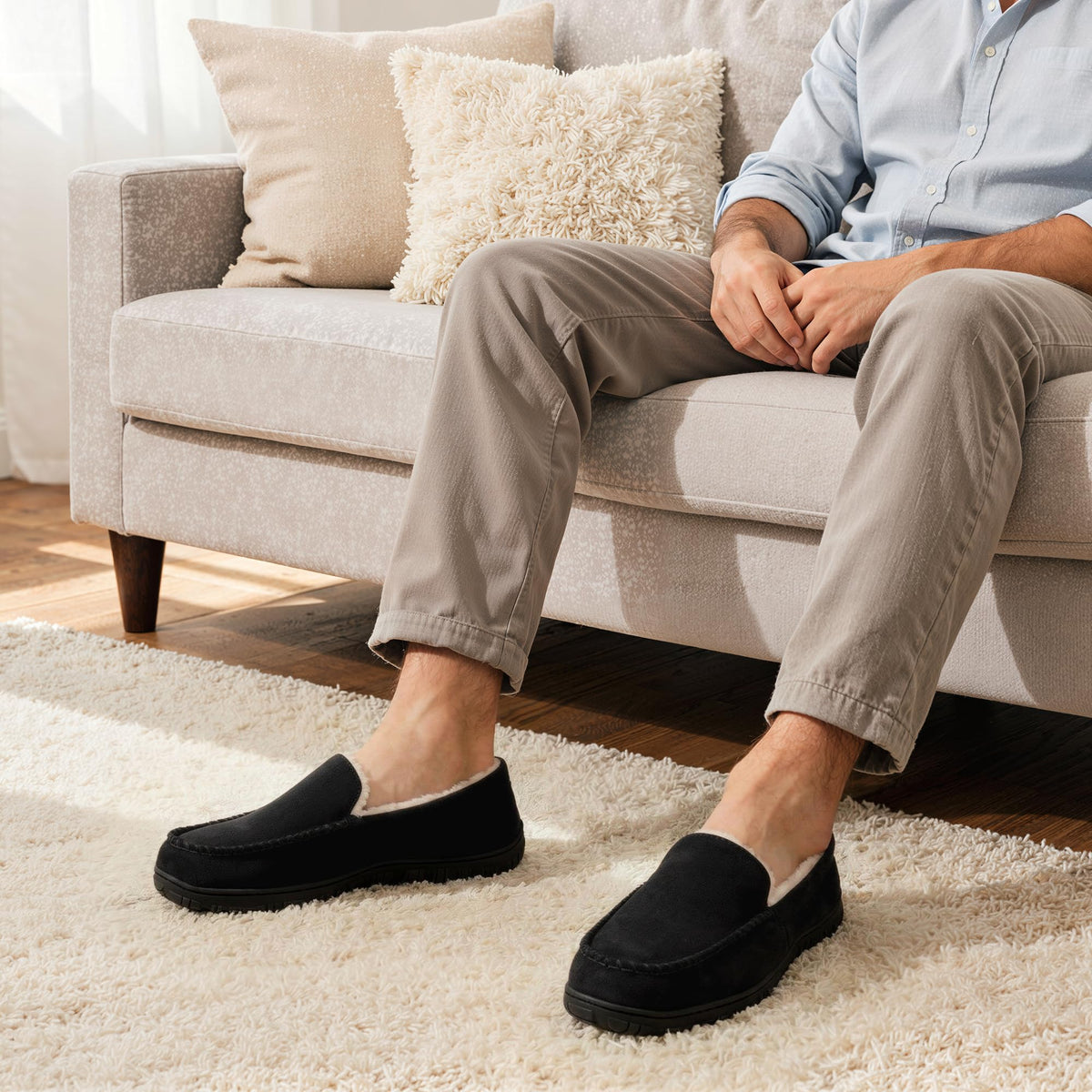 shoeslocker Men's Slippers Indoor Outdoor Warm Soft Plush Memory Foam House Slippers for Men Comfortable Bedroom Moccasin Slipper Non-Slip